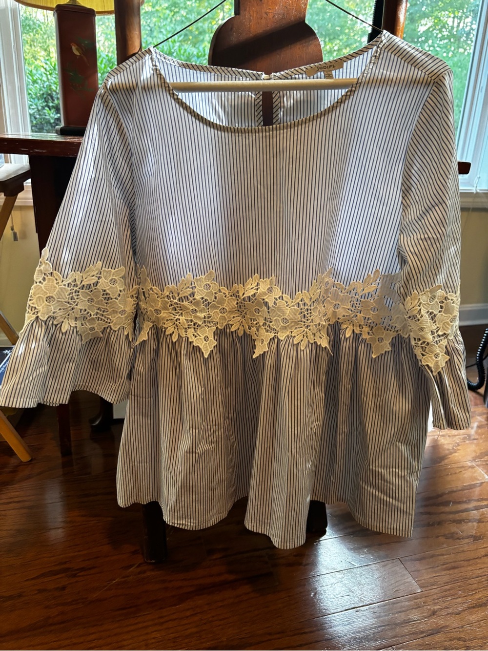 Jodifl Blue & White Striped Floral Lace Peplum Top Size L